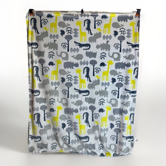 Gray Sherpa Minky Yellow Giraffe Monkey Rhino Baby Blanket 30 x 40 - Picture 2 of 7